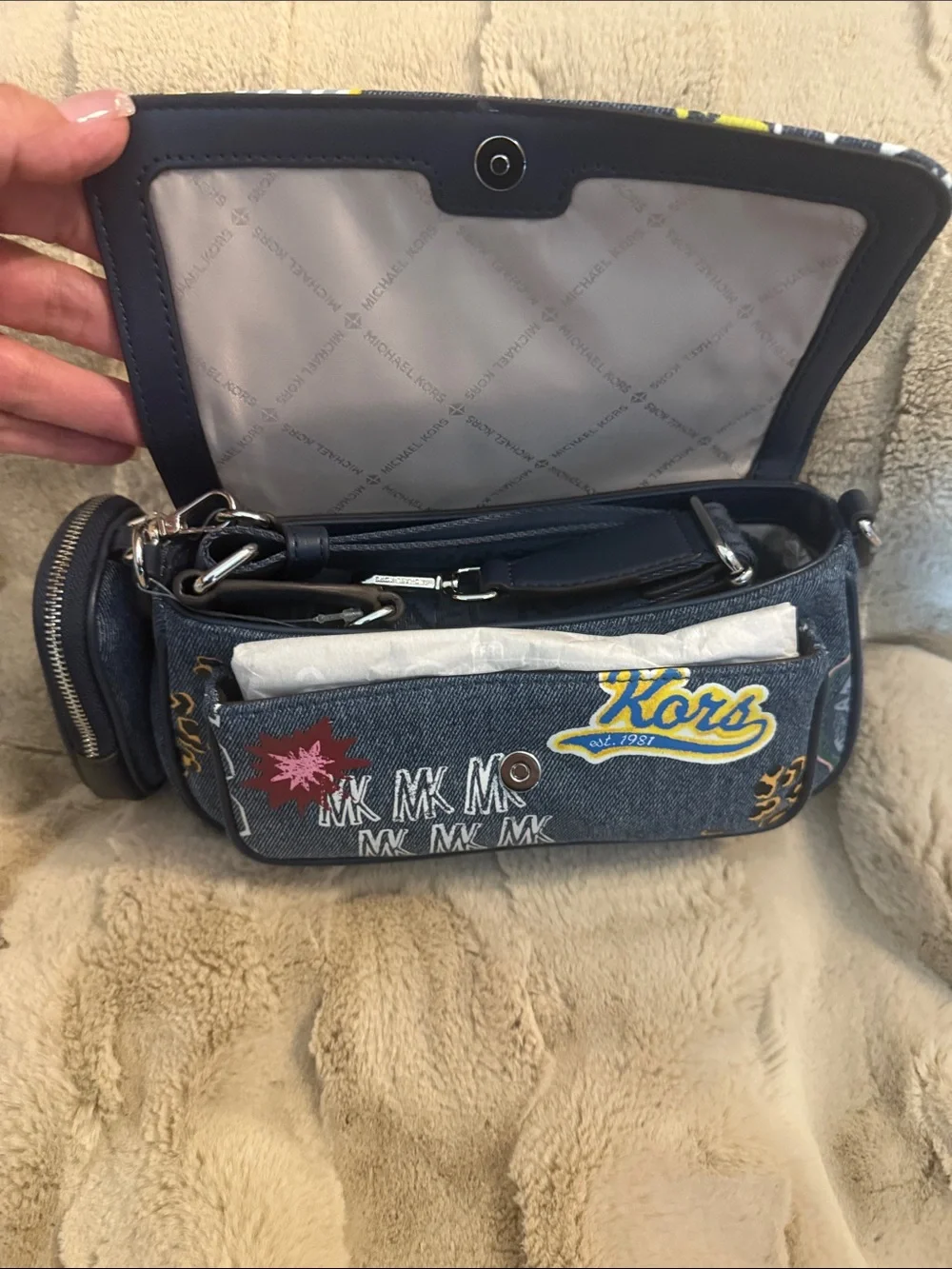 Jet Set Travel washed denim Small Flap Crossbody w/ Tech Attachment